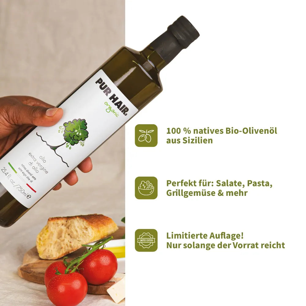 PUR HAIR Organic Olivenöl, 750 ml Flasche, Bio-Qualität aus Sizilien, limitierte Auflage.