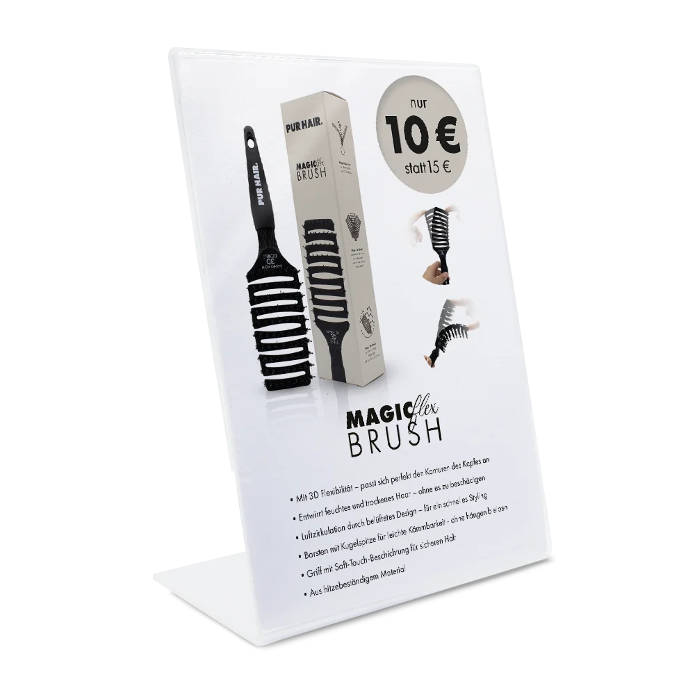 Weißer PUR HAIR Aufsteller mit schwarzer Magic Flex Brush, Produktverpackung, Anwendungsbildern.