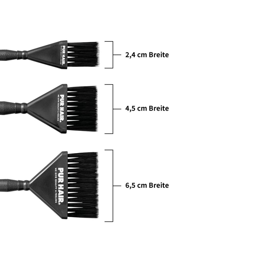 Drei schwarze PUR HAIR Färbepinsel mit Borstenbreiten von 2,4 cm, 4,5 cm und 6,5 cm