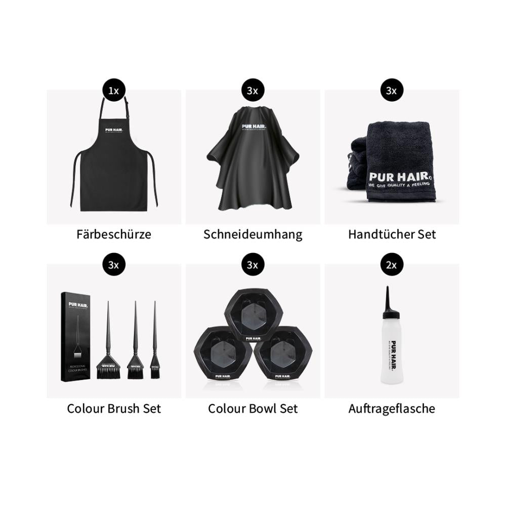 Übersicht des schwarz-weißen PUR HAIR Friseurzubehör-Sets