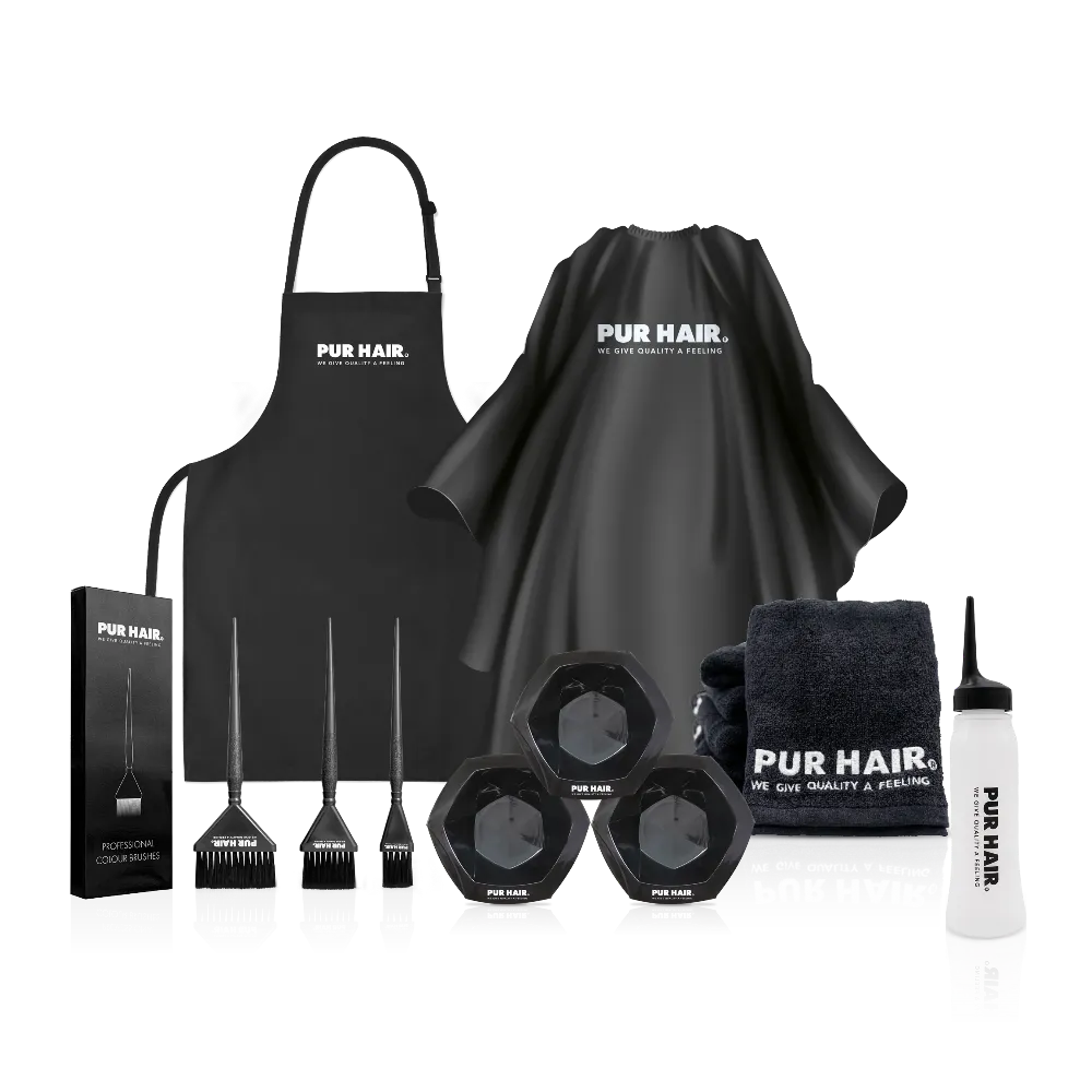 Schwarzes Friseurzubehör-Set mit Färbeschürze, Schneideumhang, schwarzen Handtüchern, Färbepinseln