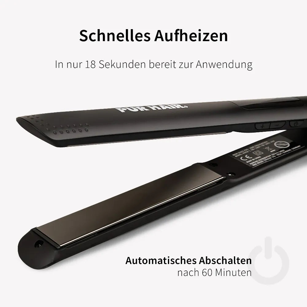 PUR HAIR Iron Gloss Pro heizt in nur 18 Sekunden auf und schaltet sich automatisch aus.