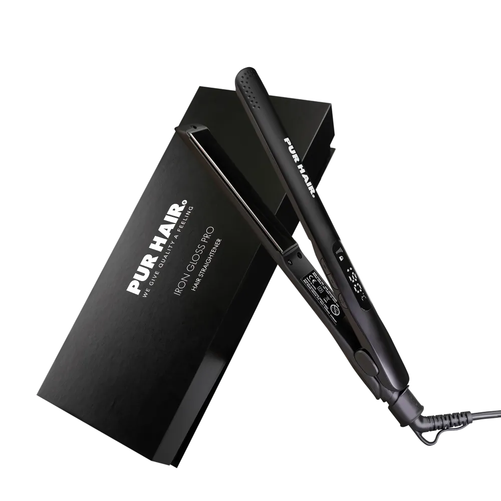 Schwarzes PUR HAIR Iron Gloss Pro Glätteisen in hochwertiger Geschenkbox.