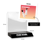 PUR HAIR Thekendisplay mit transparenter Acryl-Rückwand und Beispiel-Inlay für den Heat Protector.