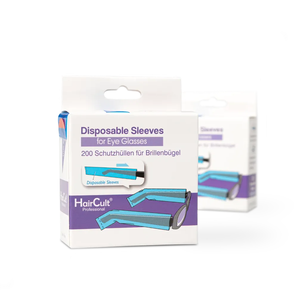Weiße Verpackung HairCult Disposable Sleeves – 200 Schutzhüllen für Brillenbügel zum Schutz