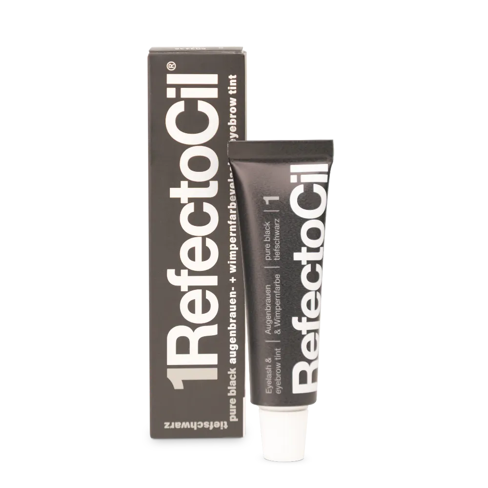 RefectoCil Augenbrauen- und Wimpernfarbe Pure Black 1 in schwarzer Tube mit Produktverpackung.