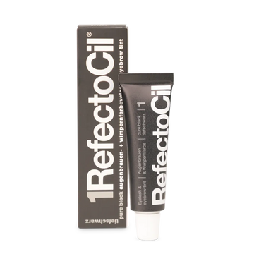 RefectoCil Augenbrauen- und Wimpernfarbe Pure Black 1 in schwarzer Tube mit Produktverpackung.