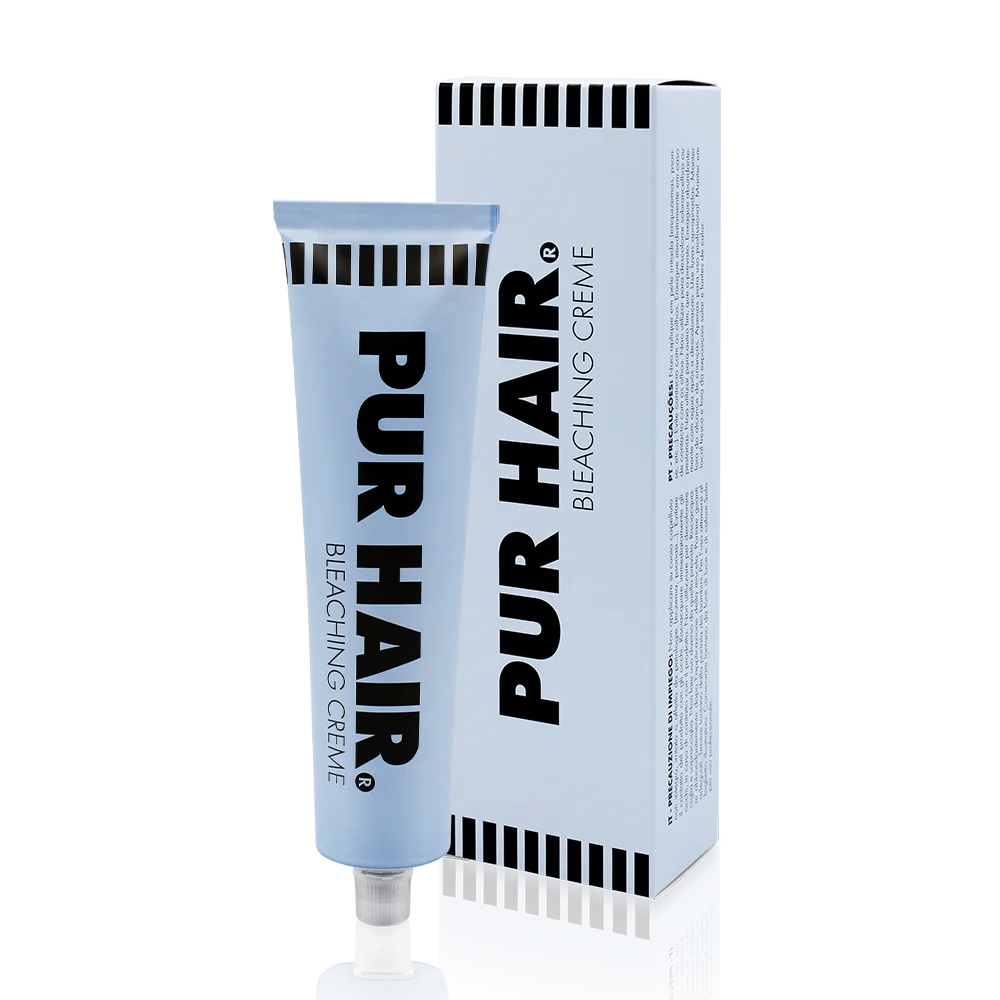 Hellblaue PUR HAIR Bleaching Creme in Tube mit weißer Produktverpackung