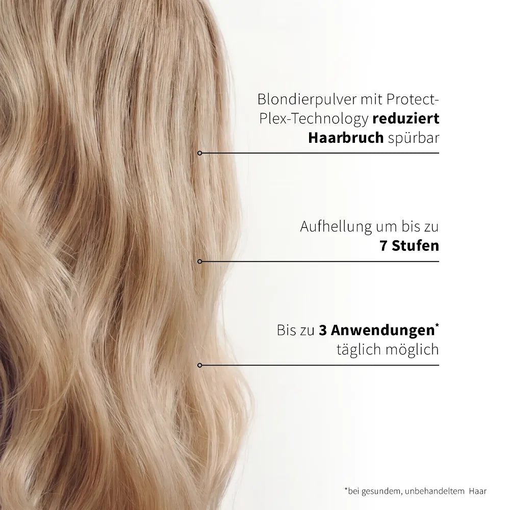 Langes, welliges hellblondes Haar mit Übersicht der Eigenschaften der PUR HAIR Protect Blondierung