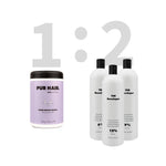 Lilafarbene PUR HAIR Bond Repair Bleach Blondierung neben drei weißen Developer-Flaschen
