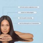 Glattes dunkles Haar nach der Anwendung mit Anti-Frizz- und Feuchtigkeitsschutz.
