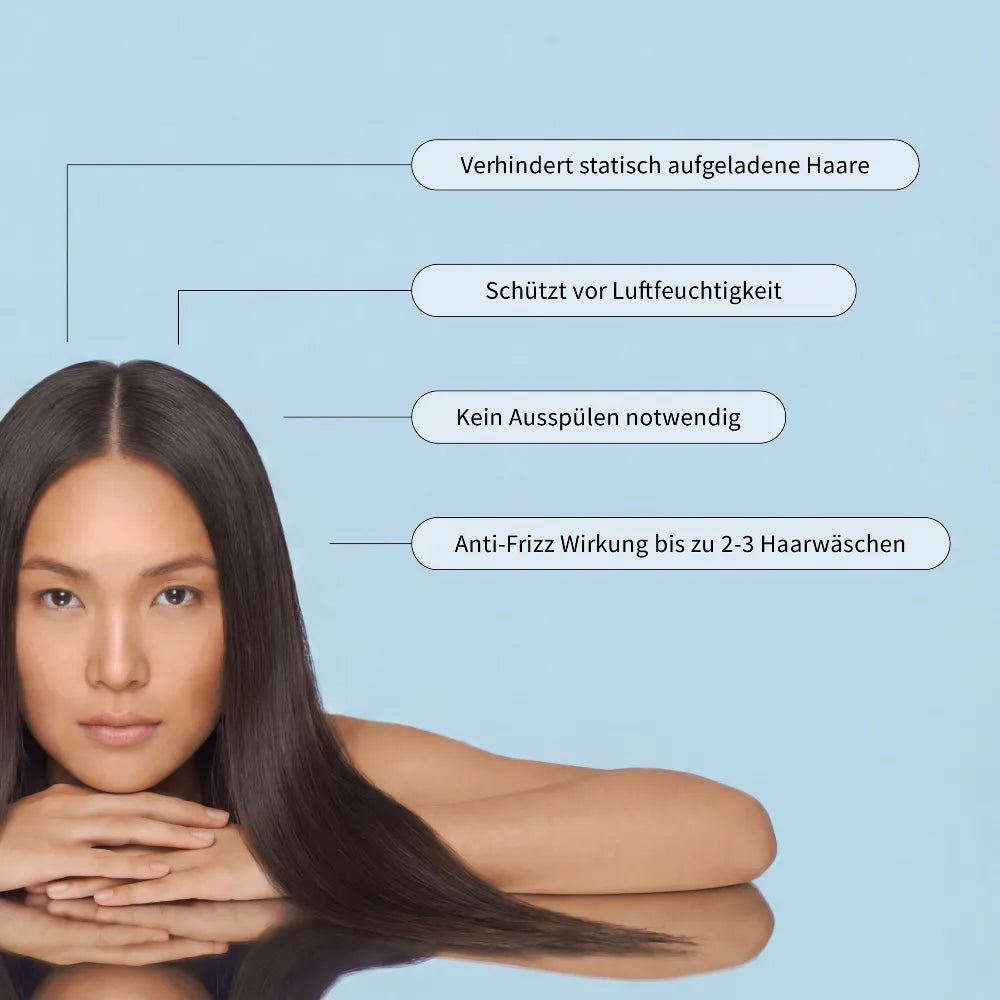 Glattes dunkles Haar nach der Anwendung mit Anti-Frizz- und Feuchtigkeitsschutz.