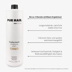 1000-ml-Flasche mit schwarzem Verschluss und Übersicht der Vorteile für glattes, glänzendes & frizz