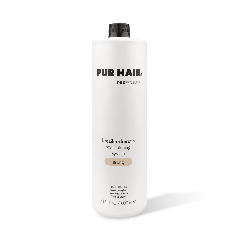 Weiße Brazilian Keratin Strong 1000-ml-Flasche mit schwarzem Verschluss und beigefarbenem Label.