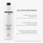 1000-ml-Flasche mit schwarzem Verschluss und Übersicht der Vorteile für glattes, glänzendes & frizz.