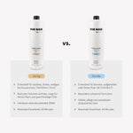 Zwei weißem Flaschen Strong und Blonde im Vergleich mit beigen und hellblauen Produktdetails.