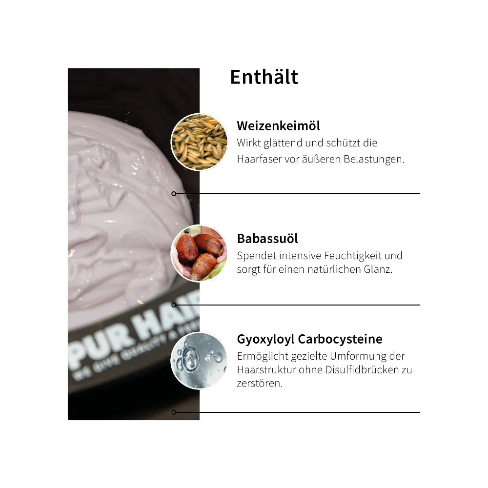 Inhaltsstoffe mit Weizenkeimöl, Babassuöl und Glyoxyloyl Carboxysteine neben schwarzer Färbeschale