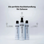 Drei hellblaue PUR HAIR Magic Keratin Produkte – K Shampoo, K Mask und K Balm.