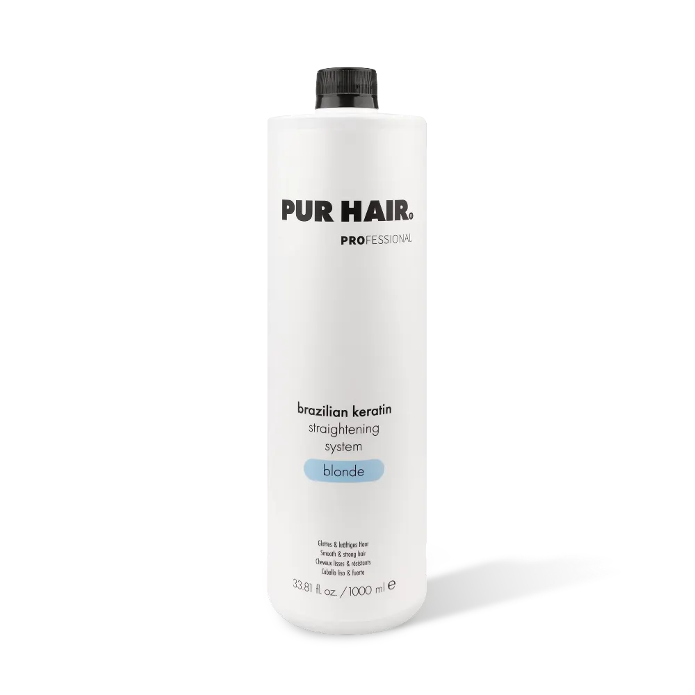 Weiße Brazilian Keratin Strong 1000-ml-Flasche mit schwarzem Verschluss und blauem Label.