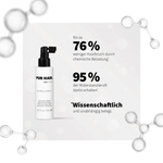 Weiße Flasche mit Molekülstrukturen und Ergebnissen einer unabhängigen Laboruntersuchung.