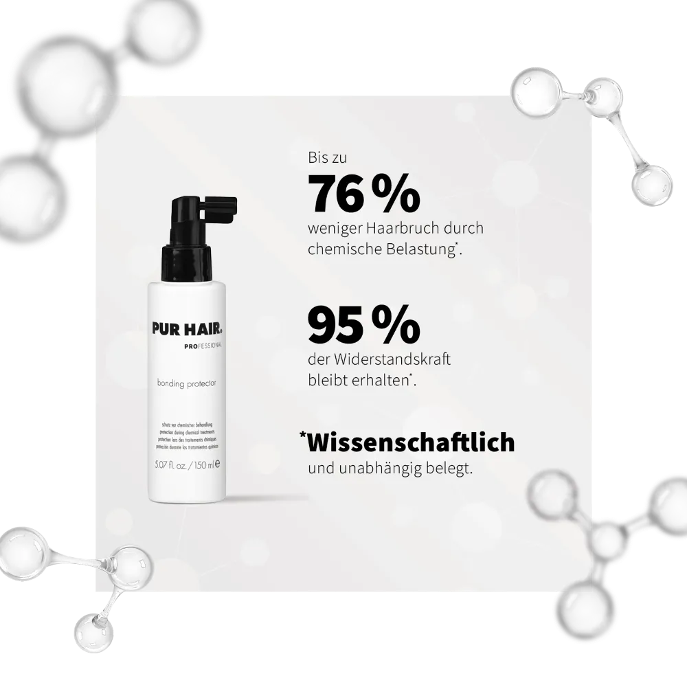 Weiße Flasche mit Molekülstrukturen und Ergebnissen einer unabhängigen Laboruntersuchung.