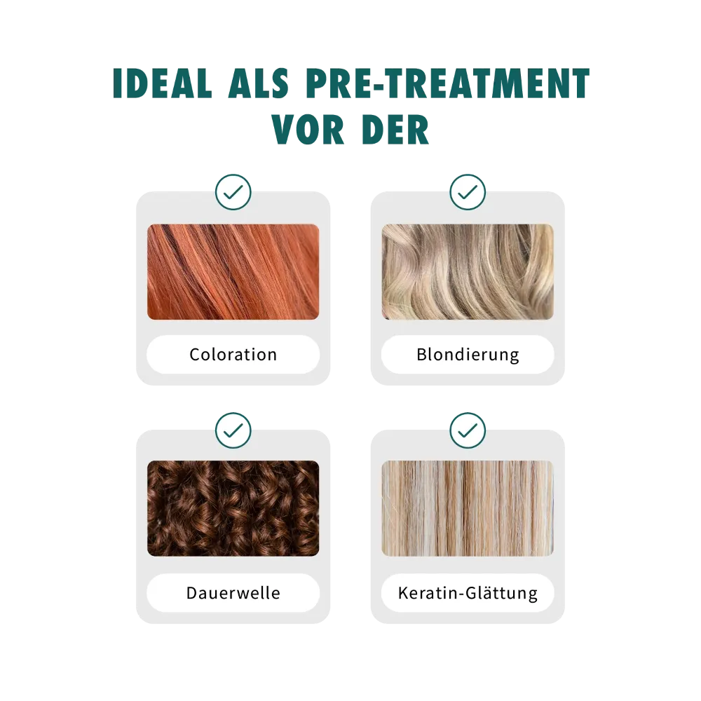 Vorbehandlung vor Coloration, Blondierung, Dauerwelle und Keratin-Glättung mit 4 Haarstrukturfotos.