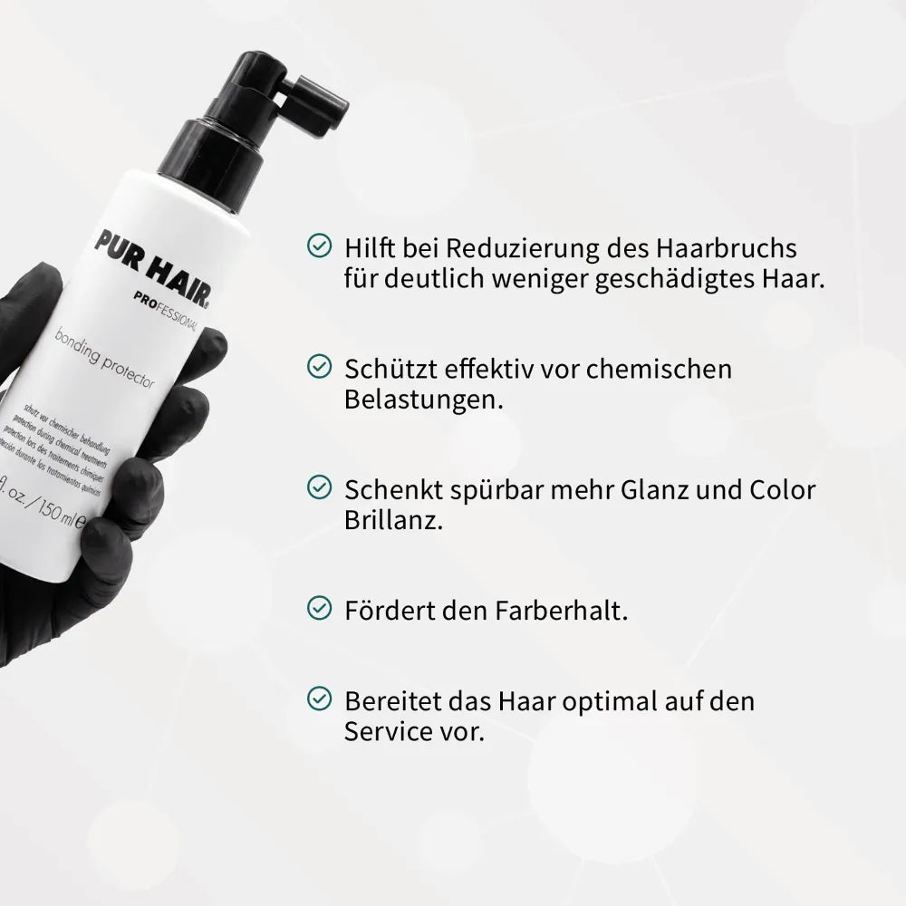 bonding protector in einer schwarzen behandschuhten Hand mit fünf Produktvorteilen.