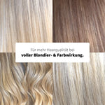 Collage aus 4 Fotos von blondem, braunem und gewelltem Haar mit unterschiedlichen Farbnuancen.