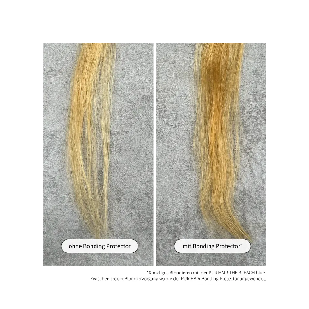 Links ohne Schutz mit sichtbar ausgedünnten Spitzen, rechts mit Schutz voller Haarstruktur.