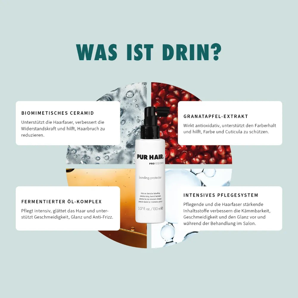 Infografik zu den Inhaltsstoffen des bonding protectors mit biomimetischem Ceramid, Granatapfel-Extr