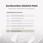 Übersicht mit Keratinprodukten, Magic Keratin Pflege, Deep Cleansing Shampoo, zwei Glätteisen.