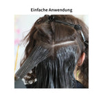 Haarglättung auf dunkelbraunem Haar mit schwarzem Färbepinsel, Abteilklammern und Keratin.