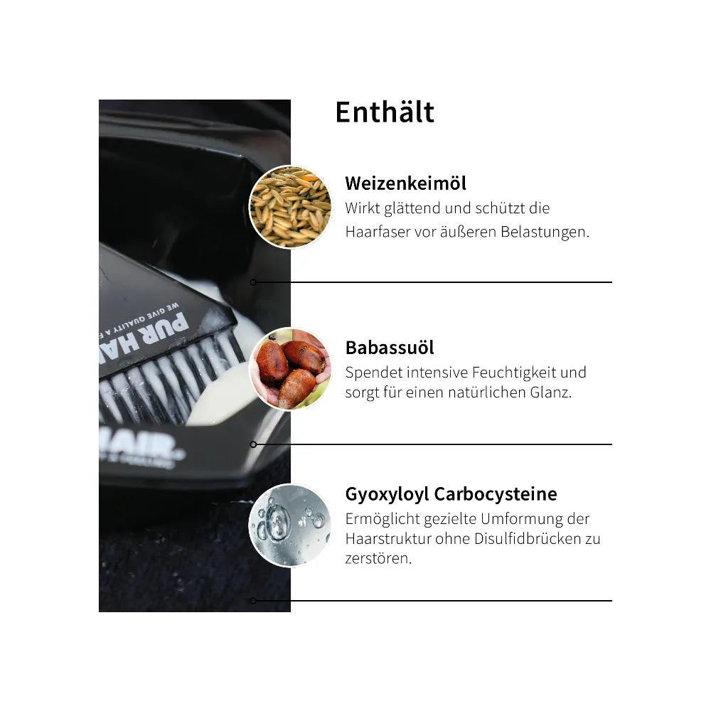 Inhaltsstoffe mit Weizenkeimöl, Babassuöl und Glyoxyloyl Carboxysteine neben schwarzer Färbeschale