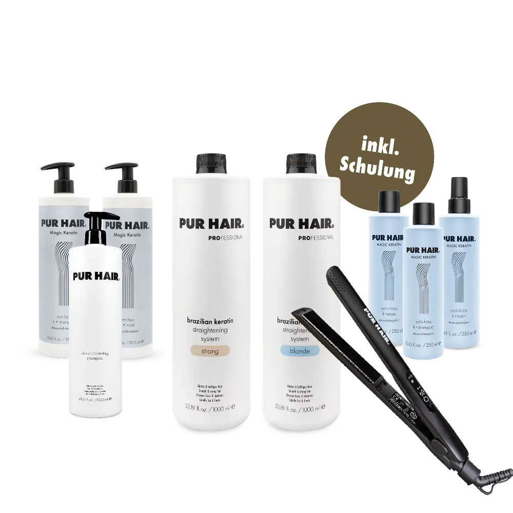 Weißen Strong- und Blonde-Flaschen, Magic Keratin Pflegeprodukten und zwei schwarzen Glätteisen.