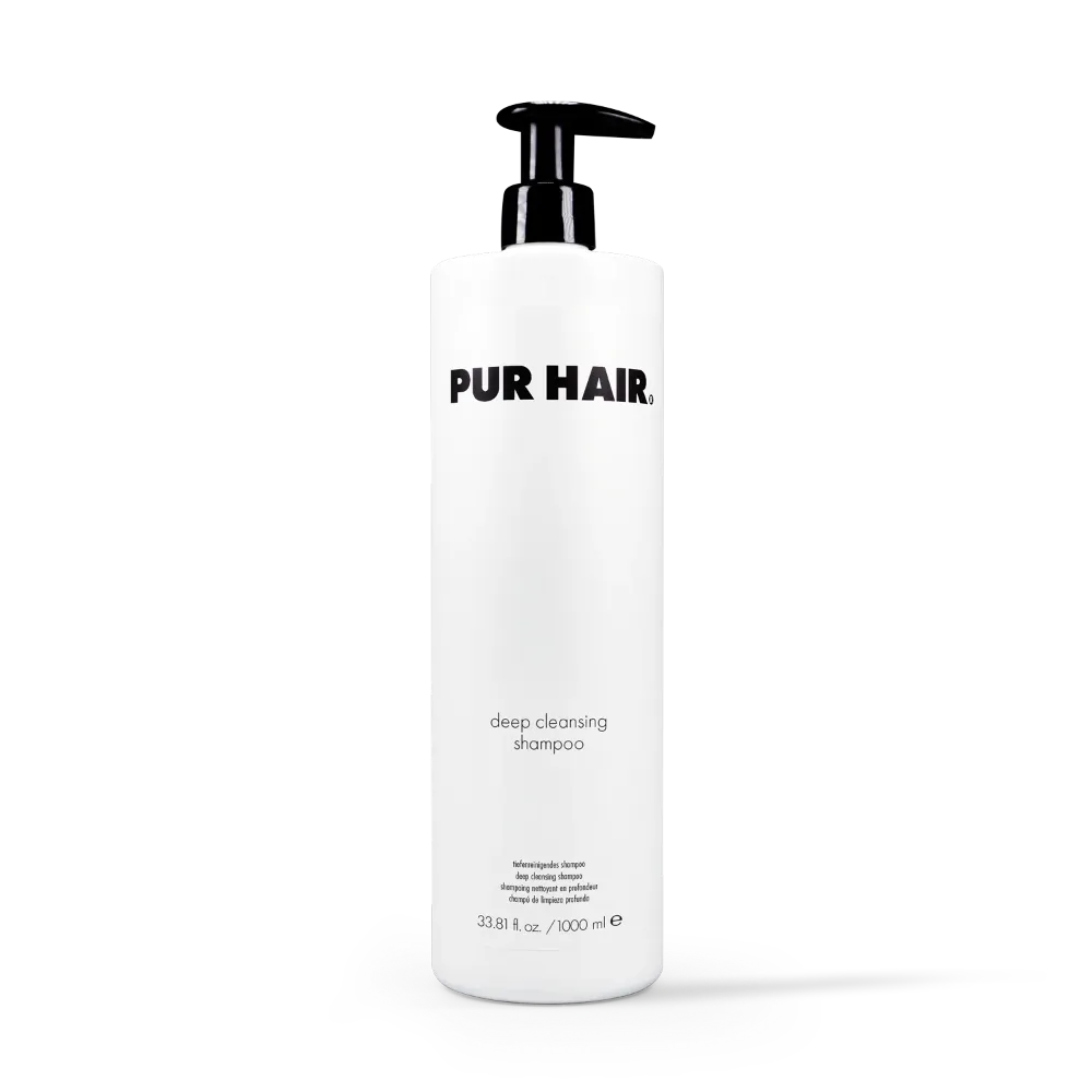Weiße PUR HAIR Deep Cleansing Shampoo 1000-ml-Flasche mit schwarzem Pumpspender
