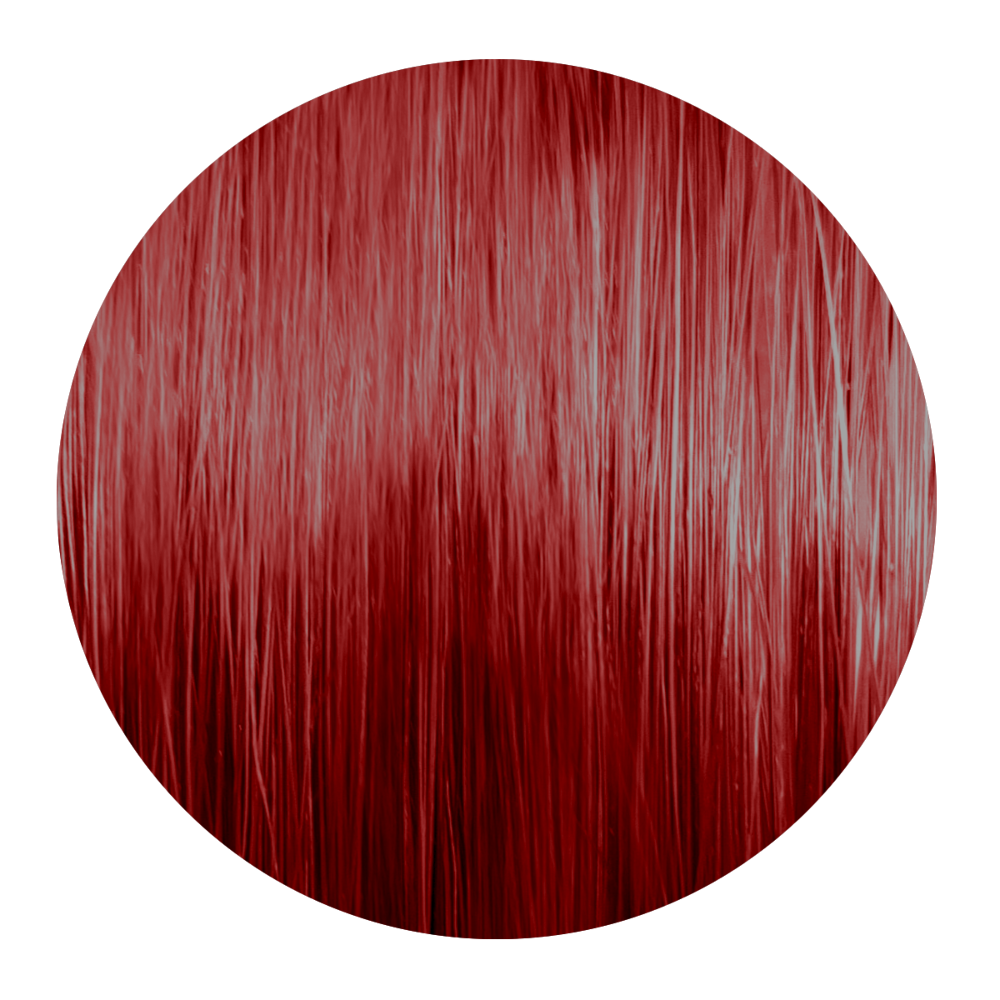 Runde Nahaufnahme einer intensiv rot-kupferfarbenen Haarsträhne mit glänzenden Reflexen.