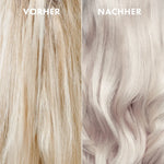 Vorher-Nachher-Ergebnis einer Haarveredelung auf blondem Haar für einen kühlen, glänzenden Blondton.