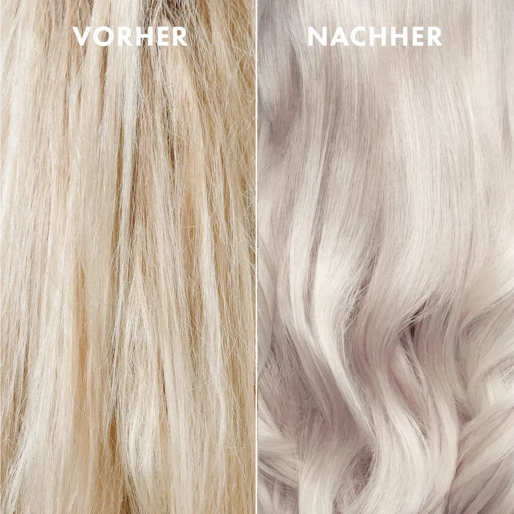 Vorher-Nachher-Ergebnis einer Haarveredelung auf blondem Haar für einen kühlen, glänzenden Blondton.