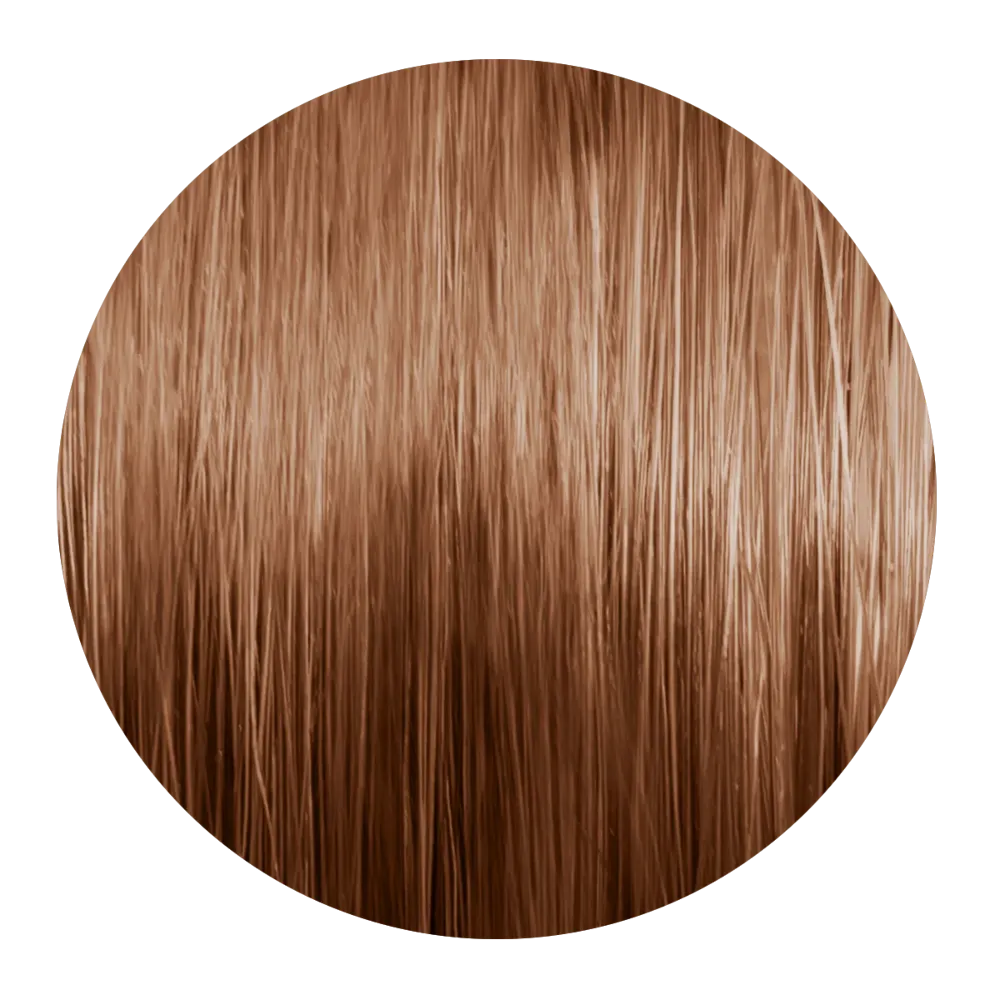 Runde Nahaufnahme einer warmer gold-kupferblonder Haarsträhne mit glänzenden Reflexen.