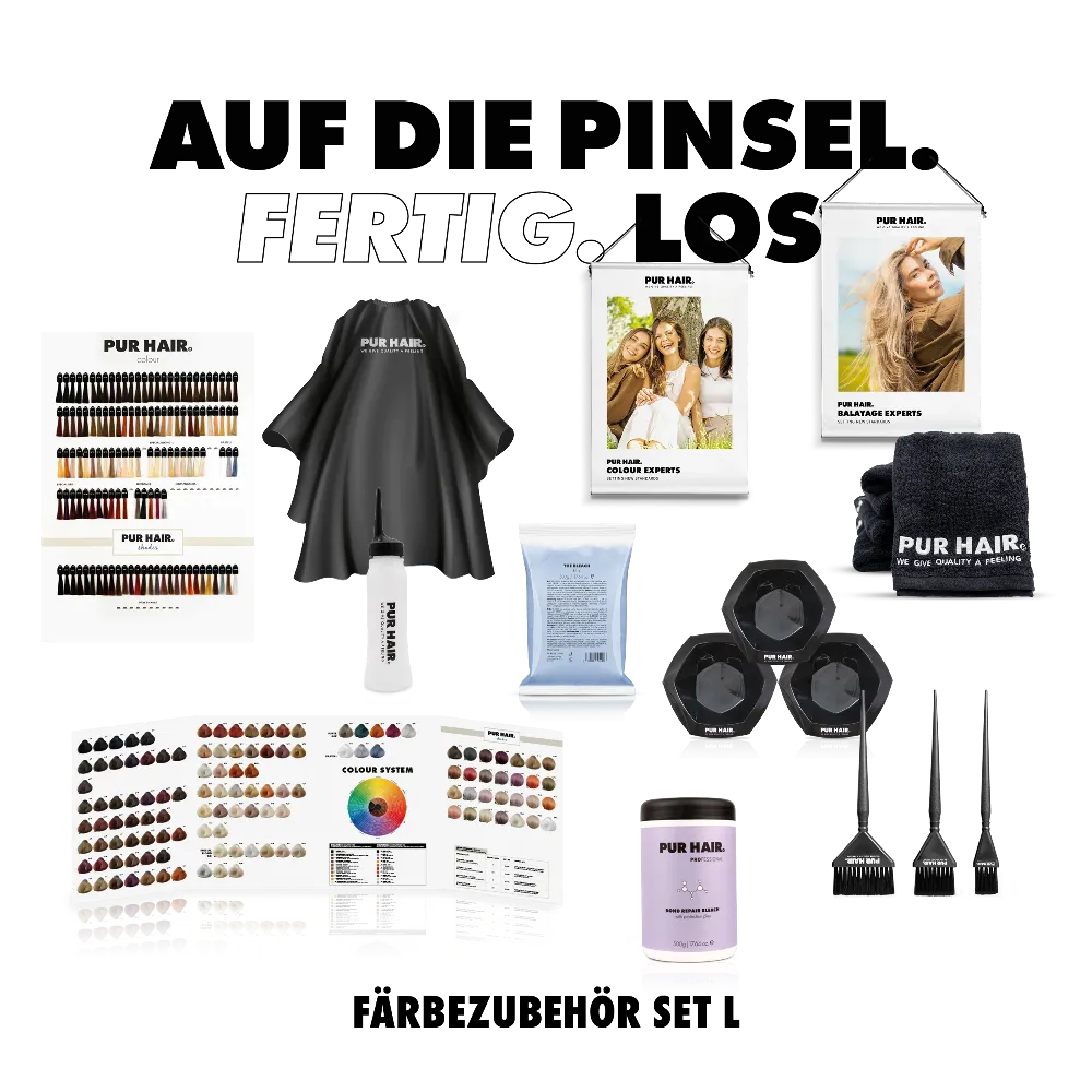  Färbezubehör mit Farbkarte, Colour Poster, Färbeschürze, Farbschalen, Pinseln und Blondierung.