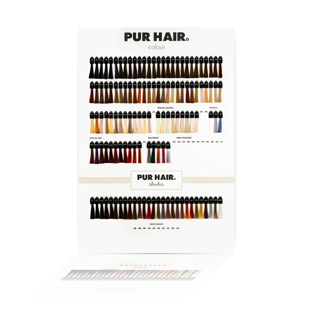 PUR HAIR Colour und Shades Farbkarte mit Haarfarbnuancen, Blond-, Rot-, Pastell- und Mischtönen.