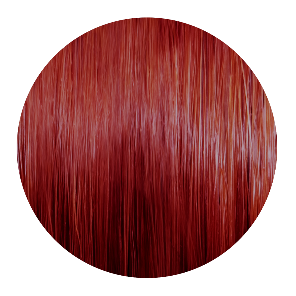 Runde Nahaufnahme einer glatten Haarsträhne in intensivem roten Mittelblond mit glänzenden Reflexen.