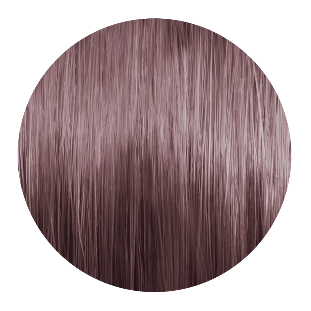 Runde Nahaufnahme einer kühlen rosé-violett-aschblonden Haarsträhne mit glänzenden Reflexen.