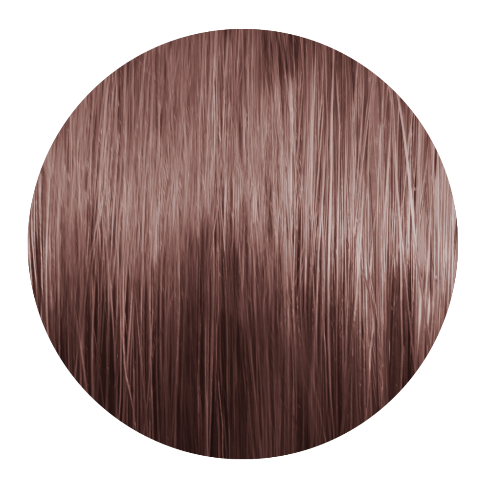 Runde Nahaufnahme einer glatten Haarsträhne in hellbraun, rosig-kühl mit glänzenden Reflexen.