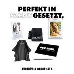 PUR HAIR Salonausstattung mit Friseurumhang, Handtüchern, Magic Brush Display, Poster, Thekenmatte