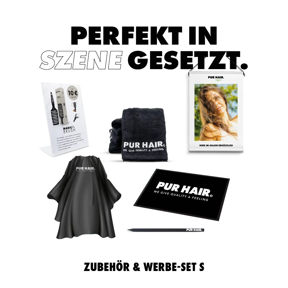 PUR HAIR Salonausstattung mit Friseurumhang, Handtüchern, Magic Brush Display, Poster, Thekenmatte