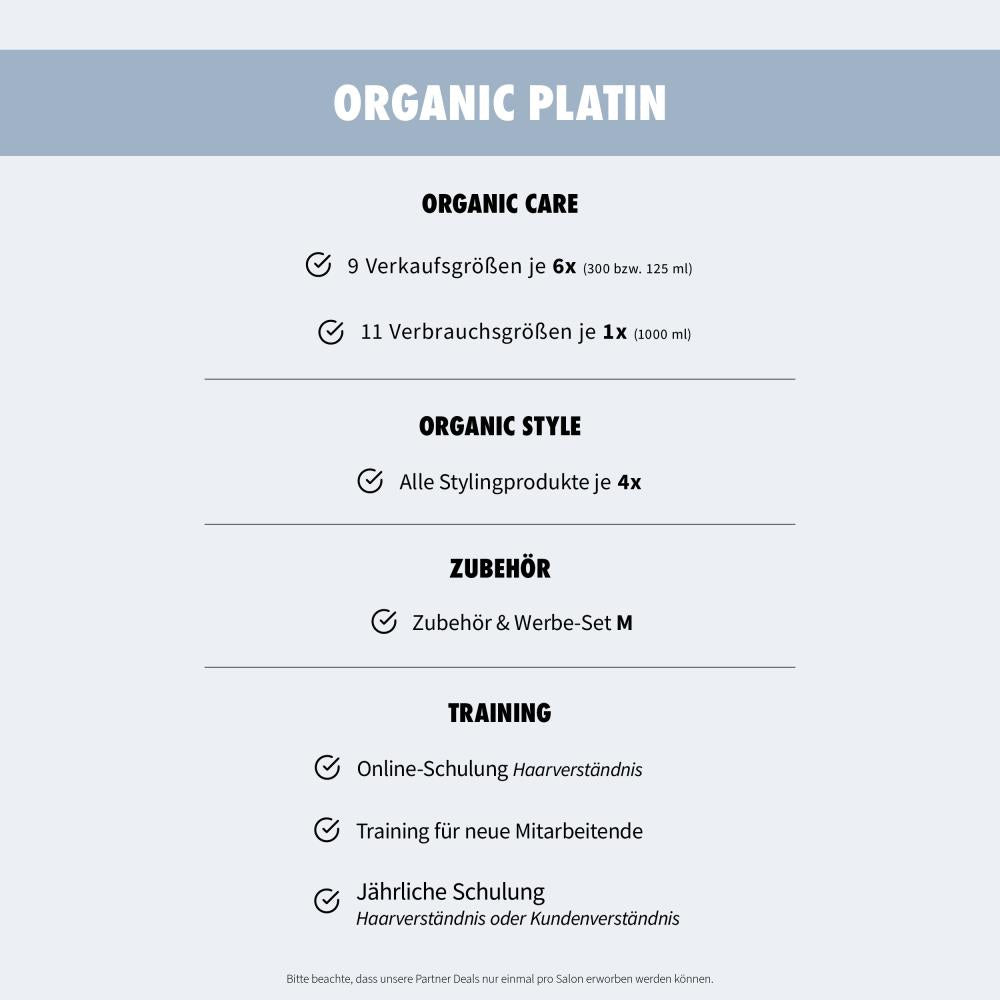 Leistungsübersicht des PUR HAIR Organic Platin Partner Deals mit Haarpflege, Stylingprodukten, Co.