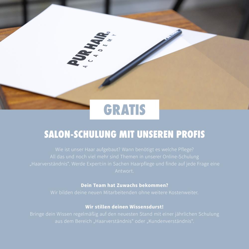 weißem Dokument, schwarzem Stift und beiger Mappe sowie Informationen zur kostenlosen Salon-Schulung