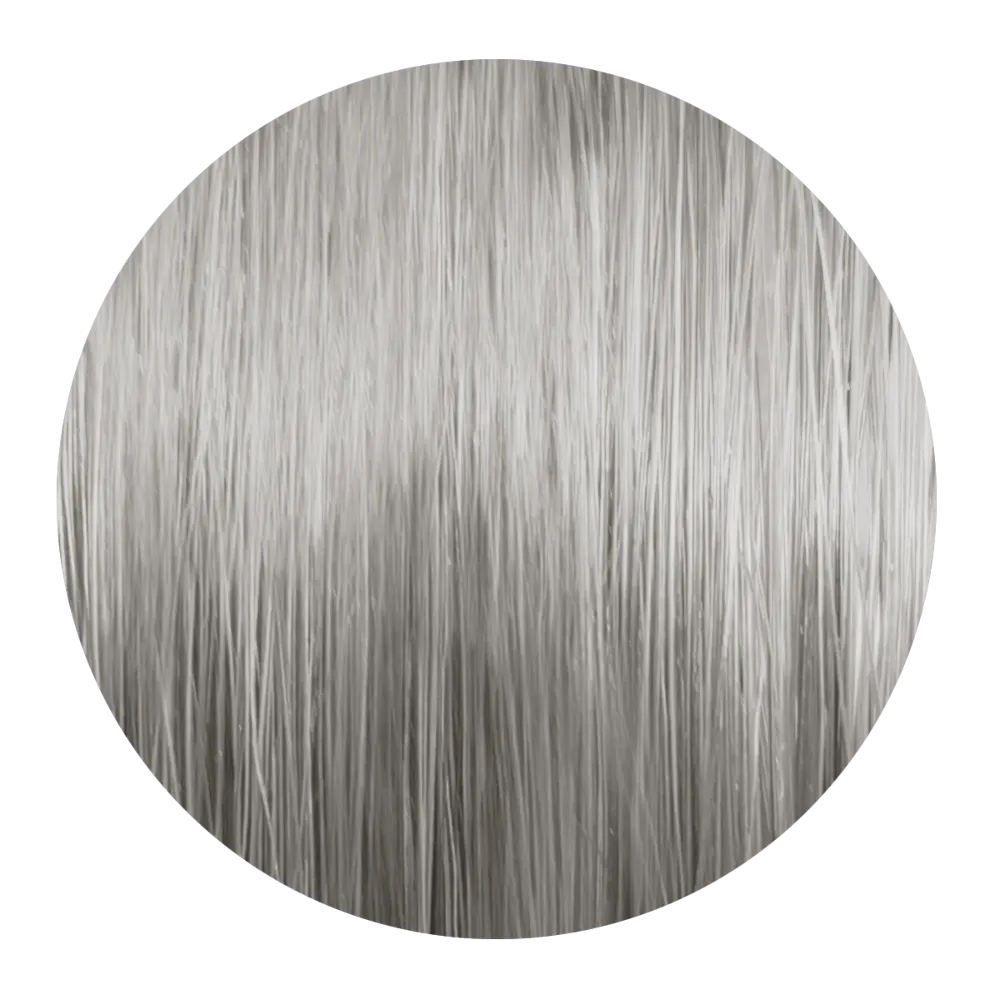 Runde Nahaufnahme einer sehr hellen silbrig-aschblonden Haarsträhne mit glänzenden Reflexen.