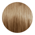 Runde Nahaufnahme einer beige-goldenen Haarsträhne mit glänzenden Reflexen.